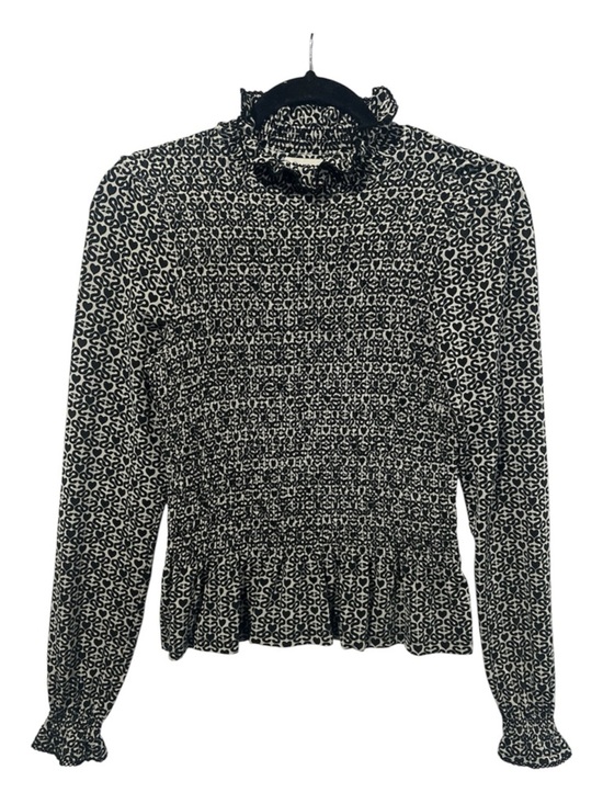 Sandro Tops - Sandro Blouse Women’s Size 0 Black Monogram Print Mockneck Smocked Top